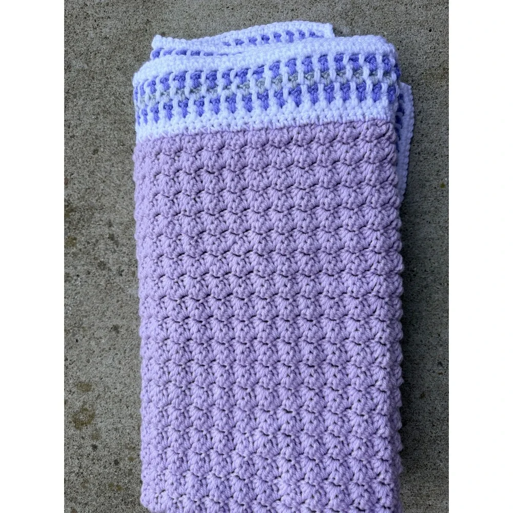 Handmade Crochet Baby Blanket Lavender‎ Purple White Grey Bobble Stitch Textured